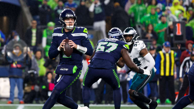 Seattle Seahawks QB Drew Lock drops back to pass vs. the Philadelphia Eagles
